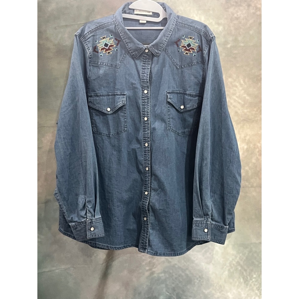 Coldwater Creek Womens Plus 20-22 Denim Western Shirt Embroidered Southwest Blue